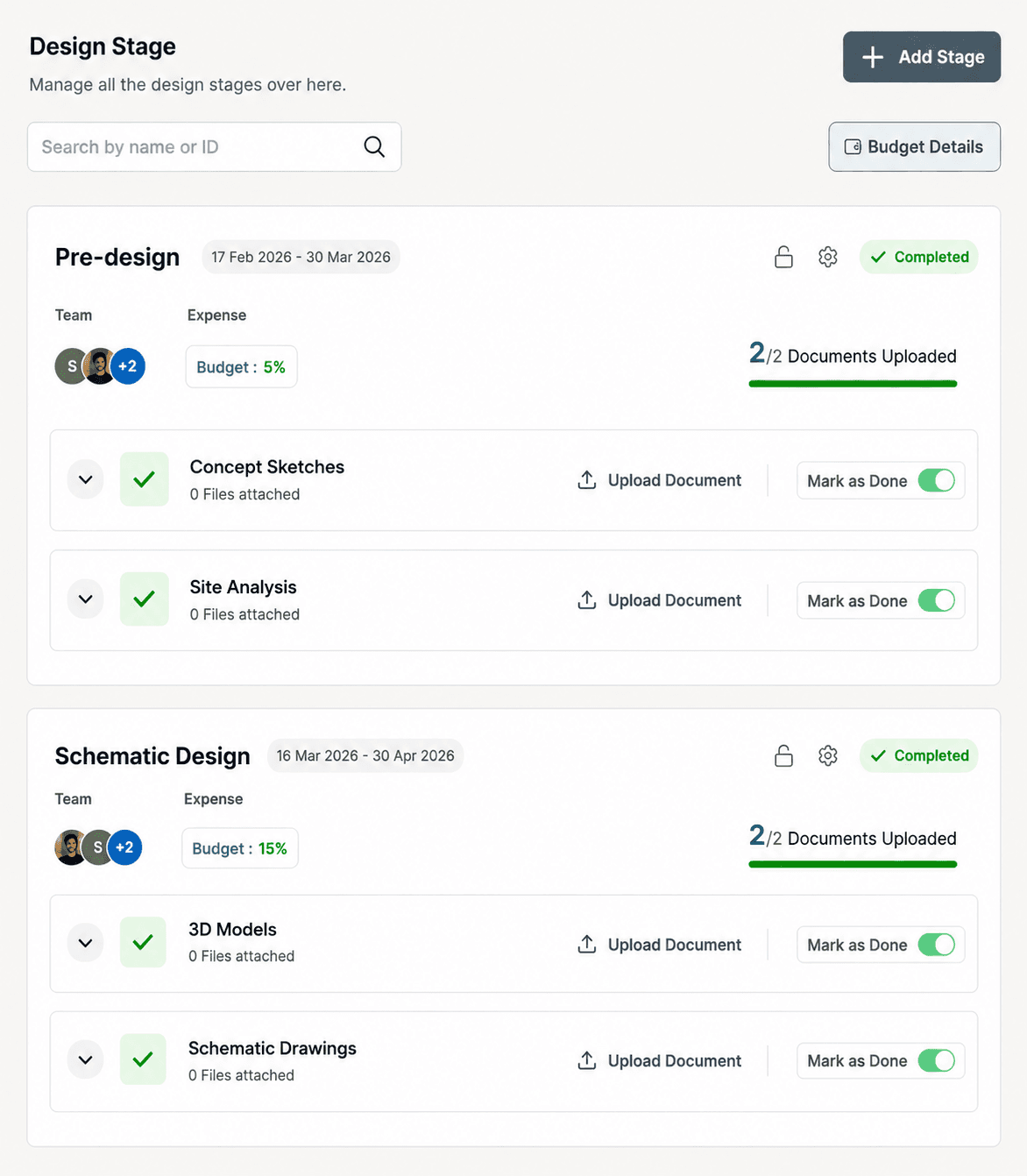 Design stages — documents and deliverables